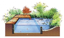 Řez moderním jezírkem v mnohém připomíná konstrukci klasického bazénu: 1 regenerační mělká zóna s rostlinami; 2 koupací hluboká část; 3 stěna oddělující koupací a regenerační část; 4 obvodová stěna; 5 terén; 6 štěrk pro výsadbu rostlin v mělké zóně; 7 jezírková fólie (žlutá linka); 8 dřevěné molo; 9 vstup do vody