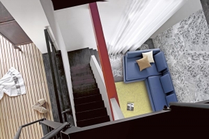 Pohled do obývacího pokoje vybaveného luxusní sedací soupravou (Doimo) – právě mezonetový interiér nabízí využití maximální výšky k zavěšení úložných prostor, AMBER INTERIER