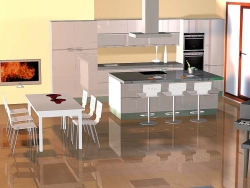 Linka je navržena v provedení bílý lak s vysokým leskem, doplněna pracovní deskou z materiálu Technistone grey a skleněným obložením Linka je navržena v provedení bílý lak s vysokým leskem, doplněna pracovní deskou z materiálu Technistone grey a skleněným obložením