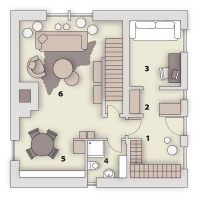 Půdorys bytu: 1/ vstup do bytu, předsíň 2/ šatna 3/ pracovna 4/ koupelna 5 + 6/ kuchyň a obývací prostor.