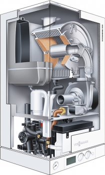 Řez nástěnným plynovým kondenzačním kotlem Vitodens 100 W (Viessmann) s modulovaným válcovým sálavým hořákem MatriX a nerezovým výměníkem.