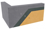 Vrstvy omítky na beton bez kontaktního můstku (finální povrchová úprava se štukovou strukturou): 1 podklad – stavební konstrukce (všechny standardní druhy minerálních podkladů), na které se nanáší omítkové systémy 2 omítková stěrka 3 fasádní nátěrová hmota (zdroj Baumit).