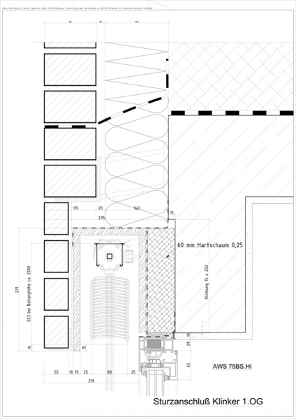 Detail blokového okna Schüco AWS 75 BS.SI, kabřincové cihly / okenní překlad - napojení, 1. patro