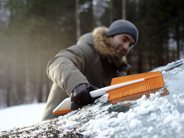 Novinkou letošní zimy je nástroj na led z řady SnowXpert, který kombinuje měkký silikonový smetáček a škrabku citlivou k autolaku i sklu. Cena 460 Kč (FISKARS).