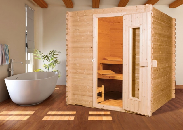Jednoduchá finská sauna Beskyd 2 splňuje v plném rozsahu požadavky na kvalitní saunování, obložení severský smrk, lehátka severská osika, šířka 220 cm, hloubka 220 cm, www.hornbach.cz