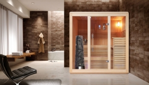 Finská sauna Espoo Lora, obložení a lavice z červeného cedru, k dispozici ve třech velikostech, zde v rozměru šířka 180 cm, hloubka 170 cm, www.saunahouse.cz