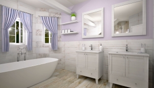 Světlé barvy, přírodní textury a lehká patina jsou znaky typické pro styl jižní Francie. Díky tomu může i tato koupelna působit vzdušně a přirozeně.