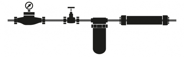 Schéma (zleva): měřič spotřeby, uzavírací ventil, filtr na mechanické nečistoty, IPS ProtectX (Zdroj: DZD Dražice)