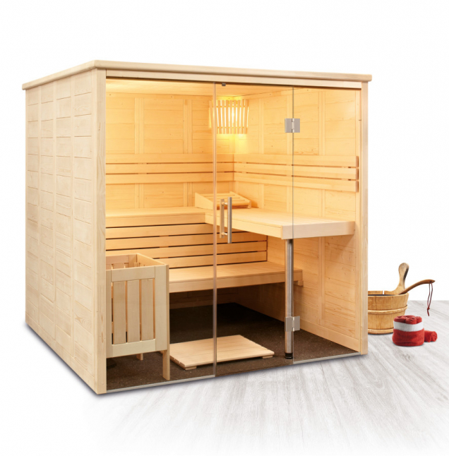 Designová finská sauna Freya z výběrového dřeva severského smrku s elegantním proskleným průčelím. (Zdroj: Mountfield)