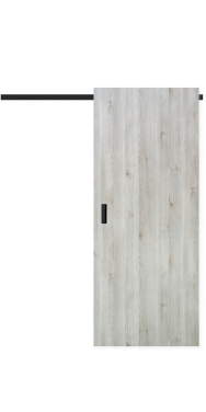 Posuvné dveřní křídlo MASONITE v dřevodekoru borovice švédská s metalicky černými doplňky. (Zdroj: Masonite)