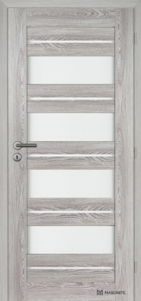 Rámové dveře Victoria Masonite kombinující plné panely v dřevodekoru dubu šedého a satinovaného skla