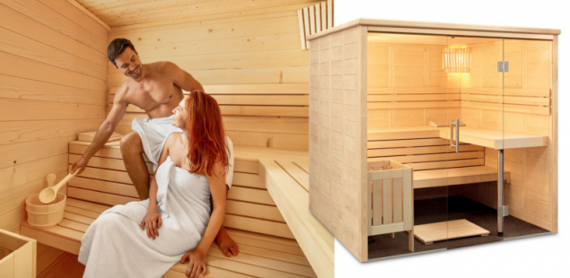 Kabina finské sauny Freya z pečlivě vybraného smrkového dřeva má čtvercový půdorys a luxusní prosklené průčelí. Za ním vás čeká útulný interiér s členitým uspořádáním tří lavic pro nerušenou relaxaci podle vašich představ (zdroj: Mountfield)