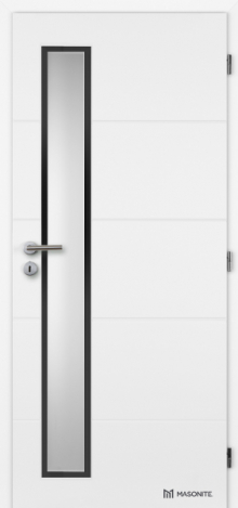Třikrát lakované bílé dveře CLARA s horizontálním profilováním Quatro a vlepeným černým rámečkem. I prosklené dveře mohou být protipožární