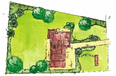 VARIANTA B - PRAVIDELNÁ ZAHRADA: 1 akát (Robinia Sunburst), 2 živý plot z tisu (Taxus Baccata), 3 terasa, 4 rodinný dům, 5 terasa, 6 jedle korejská (Abies koreana), 7 okrasný záhon, 8 trávník, 9 zahradní posezení, 10 příjezdová cesta, 11 Jedle (Abies nordmanniana), 12 borovice (Pinus sylvestris), 13 keřové výsadby, 14 chodníček, 15 myrobalán (Prunus cerasifera Nigra)