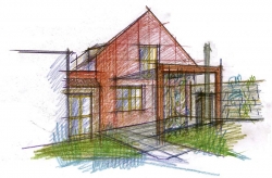 Pohled ze zahrady - návrh. Do zahrady architektka narhla venkovní krb a terasu s dřevěnou pergolou, stylově odpovídající novému výrazu domu