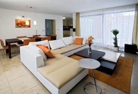 Sedací souprava Feng od Ligne Roset ( cena cca 170 000 Kč) je z kůže, která odolá zvířecím drápkům. Barevnost volila paní domu s ohledem na odstín dlažby a okolního zařízení
