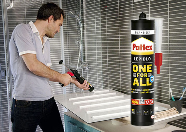 Montážní lepidlo Pattex ONE FOR ALL je pravým lepidlem pro pořádné chlapy, je to nejsilnější lepidlo z řady Pattex, dokáže udržet během pár sekund až 350 kg na m2.