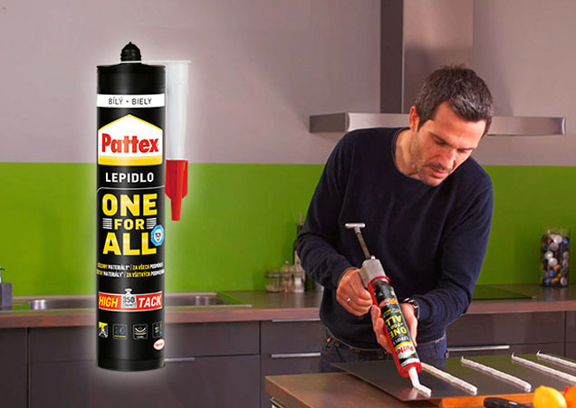 Montážní lepidlo Pattex ONE FOR ALL je pravým lepidlem pro pořádné chlapy, je to nejsilnější lepidlo z řady Pattex, dokáže udržet během pár sekund až 350 kg na m2.