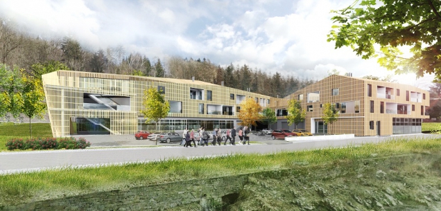 Polyfunkční dům Ski &amp; Mt. bike Apartments ve Vrchlabí je zajímavou budovou s neotřelým designem, inspirovaným severskou architekturou s přírodními materiály, které harmonicky zapadají do malebného horského prostředí.