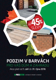PRESBETON nabízí do konce října slevu až 45% na nákup vybraných druhů dlažeb v různých barvách a formátech, několika typů zdicích tvarovek a kamenů či různě tvarovaných palisád a obrubníků.