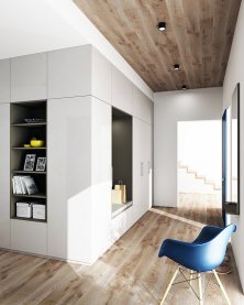 Sestava STYLE představuje praktické využití rohové skříně. Ukazuje, že šatní skříně nemusí být jen blok uzavřených skříní. Dají se do ní elegantně začlenit menší i větší niky (HANÁK)