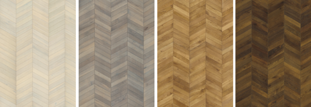 Nová kolekce podlah švédské značky Kährs Chevron Dub (zleva): White, Grey, Light Brown a Dark Brown (foto: KPP)