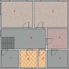 Patro domu: 1. herna, 2. dětský pokoj, 3. ložnice, 4. šatna, 5. WC, 6. koupelna, 7. kotelna, 8. chodba