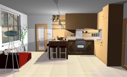 Kuchyňská linka v designu javorové dýhy je vybavena spotřebiči značky ZANUSSI