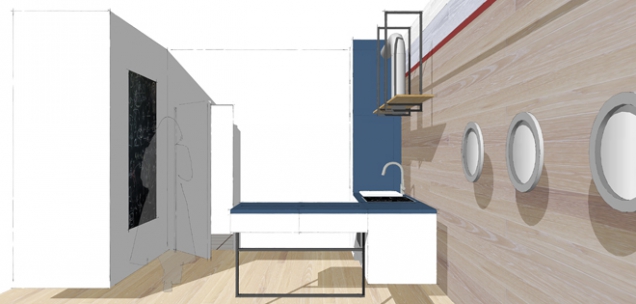 Stěny jsou v barvě velmi světlého okru, který designéři odvodili z nejsvětlejšího místa dřevěné podlahy. Kovové prvky v šedém odstínu vytvářejí příjemný kontrast ke korpusům kuchyně z bílého lamina s lesklou povrchovou úpravou. Výrazná modř je doplněna pouze úzkým červeným pruhem. Výsledkem je dokonalá harmonie teplých a studených odstínů i materiálů.