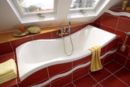 Akrylátová vana New Wave poskytuje uživateli díky netradičnímu tvaru optimální komfort, vyrábí se v rozměru 190 x 90 cm v povrchové úpravě lesk za 33 690 Kč a mat za 38 744 Kč