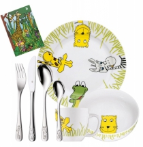 Jídelní sada pro děti (Kika), talíř, miska, hrnek, příbor s dezertní lžičkou, porcelán a nerez, cena 1 190 Kč, www.kika.cz
