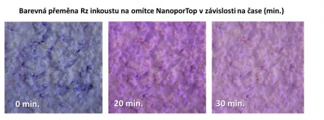 Barevná přeměna Resazurinového inkoustu na omítce NanoporTop v závislosti na čase - Z výše uvedeného obrázku je patrné, že na povrchu fasádní omítky Baumit NanoporTop opatřené nátěrem Resazurinovým inkoustem dochází k fotokatalytické reakci, tedy že bylo dosaženo výrazné barevné přeměny Resazurinového inkoustu účinkem UV záření z počáteční modré na konečnou světle růžovou barvu. Je tak potvrzeno, že povrch fasádní omítky Baumit NanoporTop je skutečně fotokatalyticky aktivní a tím aktivně působí proti nečistotám, řasám a plísním na povrchu fasád. Prodlužuje tak životnost fasád a investic vložených do jejich obnovy.