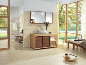 Koupelnová kolekce Pure Stone (Villeroy & Boch), umyvadlo Grey Stone 27 783 Kč, skříňka (korpus a deska pod umyvadlem dub, čelní plochy matný ořech) 64 599 Kč, závěsný bidet 26 965 Kč, závěsný klozet 25 787 Kč, KREINER