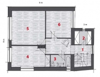I.PATRO – návrh: 1 hala, 2 šatna, 3 koupelna + WC, 4 - 6 pokoj