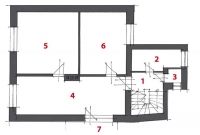 I. PATRO – pův. stav: 1 hala, 2 koupelna, 3 WC, 4 kuchyň + jídelna, 5 obývací pokoj, 6 ložnice, 7 balkon