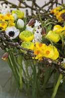Kruh z větviček a drátu vytváří přírodní podpěru pro výrazné jarní aranžmá s pryskyřníkem v hlavní roli (Ranunculus, Hyacinthus, Narcisus, Fritillaria, Tulipa, Anemone)