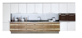 Luxusní kuchyň + Integration (POGGENPOHL), model PP750 white je z bílého parapanu v kombinaci s dýhou amerického ořechu HE 622, pracovní deska je z kaleného skla. Cena sestavy (bez spotřebičů, doplňků) 1 250 000 Kč, POGGENPOHL CZECH