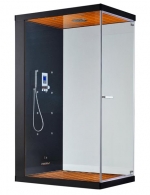 Welbox 1A (MEGUIS), hlavová a ruční sprcha, 8 hydromasážních trysek, parní lázeň, hliníkový rám, uvnitř teakové dřevo, zástěny z bezpečnostního skla, cena od 480 789 do 641 889 Kč, AQUA TRADE