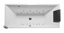 Hydromasážní  vana Squaro (Villeroy & Boch), cena od 24 150 Kč, nový hydromasážní systém Invisible Jets s nastavitelnými tryskami - bílé trysky mimo provoz zajedou do vany a téměř s ní splynou, cena systému Ultimate Fitness s Invisible Jets od 77 611 Kč (KOUPELNY PTÁČEK)