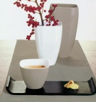 Kolekce Chai (Asa), keramika bílá lesklá, váza, v. 15 cm, cena 225 Kč, podtácek z překližky v černém laku, rozměr 27 x 12 cm, cena 299 Kč, šálek na čaj 185 Kč, FANTAZIE
