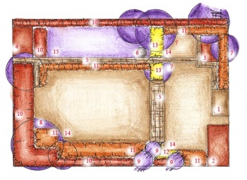 Návrh zahrady: 1. vstup do zahrady, zpevněná plocha, 2. kůlna na dřevo, 3. pískoviště, 4. kompost, 5. zpevněná plocha, cesty, 6. sušák na prádlo, 7. listnaté stromy, 8. magnólie, 9. jehličnaté stromy - převislý modřín, 10. vyšší keře, 11. nižší keře, 12. japonské javory, 13. půdopokryvné rostliny, trvalky, 14. travnatá plocha, 15. užitková část zahrady