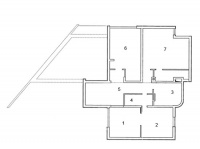 Půdorys suterénu: 1. hobby místnost, 2. sauna, 3. vlhký sklep, 4. WC, sprcha, 5. chodba, 6. sušárna, prádelna, 7. sklep