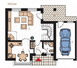 PŘÍZEMÍ: 1 zádveří, 2 obývací pokoj, 3 kuchyň s jídelnou, 4 koupelna + WC, 5 garáž, 6 terasa