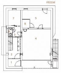 PŘÍZEMÍ: 1 předsíň, 2 chodba, 3 chodba, 4 garáž, 5 kotelna, 6 WC, 7 sklad, 8 sklad