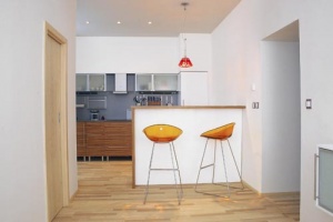 Nadčasovým minimalistickým vzhledem s využitím zebrana, skla a nerezu vynikla jednoduchá kuchyň, která zdůrazňuje materiály a vytříbený design. Kuchyň je barevně strohá, a proto jsou v interiéru výrazným prvkem barevné doplňky v oranžové barvě