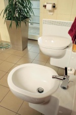 Závěsné WC a bidet ze série Editions (VILLEROY and BOCH), klozet se sedátkem je za 23 596 Kč, splachovadlo Tango (GEBERIT) za 2 952 Kč, bidet 15 873 Kč a baterie Citterio (HANSGROHE) 15 998 Kč