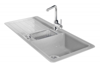 Nástavný dřez Delta 100, barva Platin, excentrické ovládání výpusti, cena (bez DPH) 17 700 Kč, drátěný košík do minivýlevky 1 240 Kč, SYSTEMCERAM