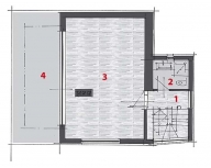 II.PATRO – návrh: 1 hala, 2 koupelna + WC, 3 pokoj, 4 střešní terasa