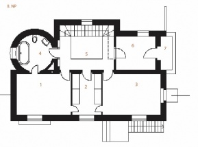 II. NP: 1 ložnice, 2 šatna, 3 ložnice, 4 koupelna, 5 galerie, 6 předsíň, 7 zádveří
