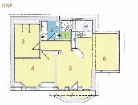 II NP: 1 chodba, 2 koupelna + WC, 3 ložnice, 4 ložnice, 5 společný obytný prostor, 6 skleník, 7 balkon